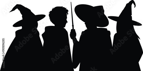 Halloween wizard and witch silhouette group with magic wand hats isolated black vector illustration