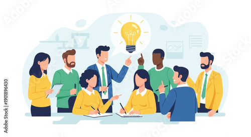 A group of diverse office workers collaborating around a table with a glowing lightbulb symbol representing a successful brainstorming session and innovation.