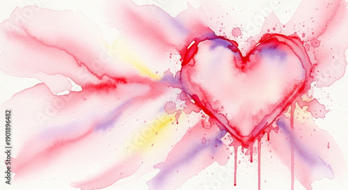 An expressive watercolor painting of a red heart with vibrant splashes and drips in pink and purple tones on a white background.