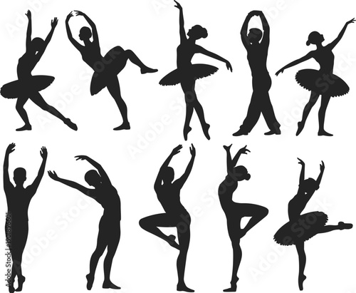 Set of black silhouettes of ballet dancers performing classical poses, graceful ballerinas in tutu and dance movements collection isolated on white background illustration.