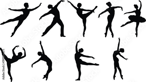 Set of black silhouettes of ballet dancers performing graceful classical dance poses, elegant ballerinas and male dancer movements collection isolated on white background.