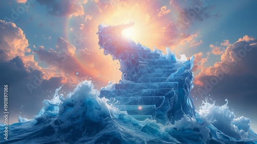 Ethereal Ice Stairway Ascending from Crashing Ocean Waves Towards a Radiant Sky