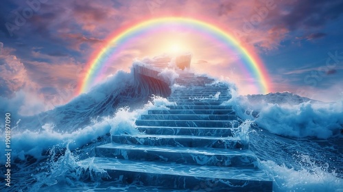 Dreamlike ocean stairway under a magnificent rainbow arch and radiant sky