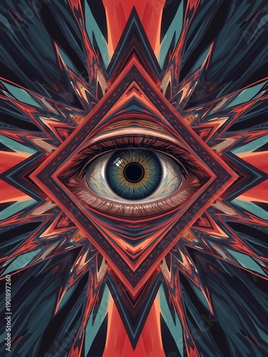 Mystical all seeing eye within a vibrant geometric explosion of color