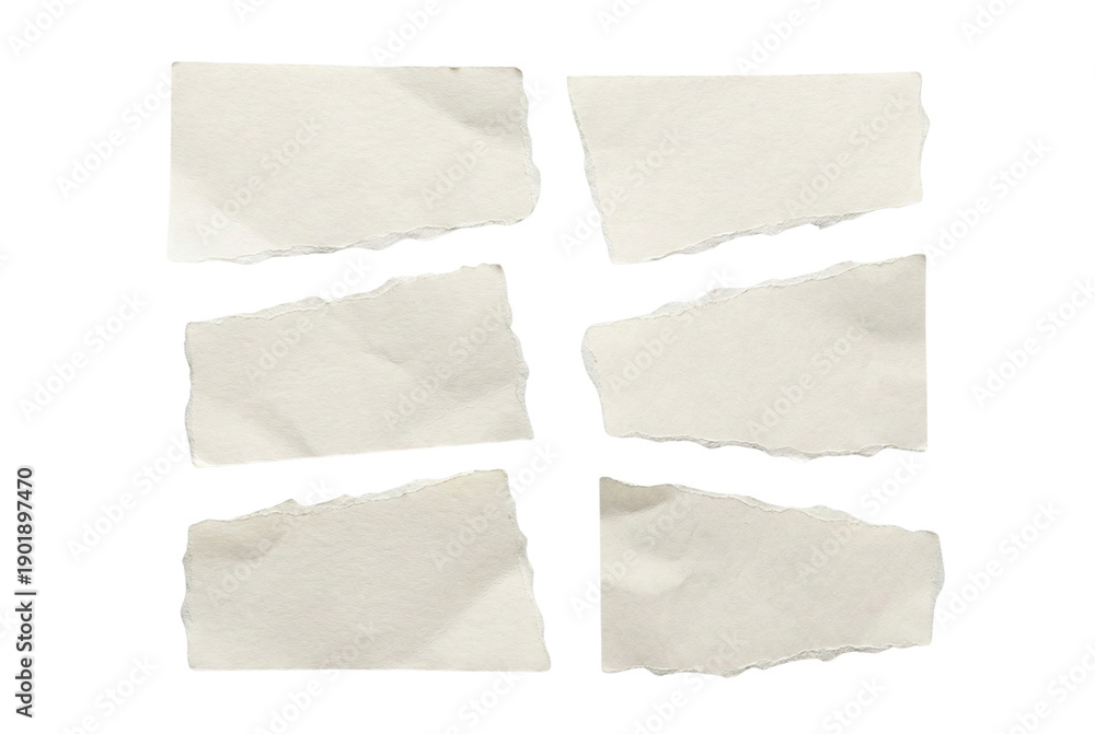 Fototapeta premium Set of 6 torn off white paper strips with rough deckle edges for collage or label mockup, isolated on white background