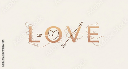 Golden love text with heart arrow symbol on beige background romantic gesture