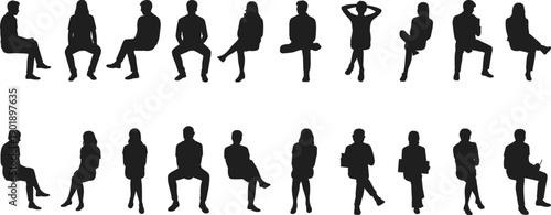 People silhouette icon set showing men and women sitting standing casual poses isolated black vector