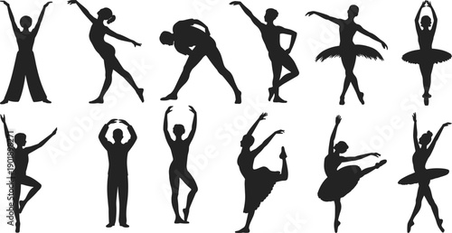 Set of black silhouettes of ballet dancers performing graceful classical poses, elegant ballerinas and modern dance movements collection isolated on white background illustration.