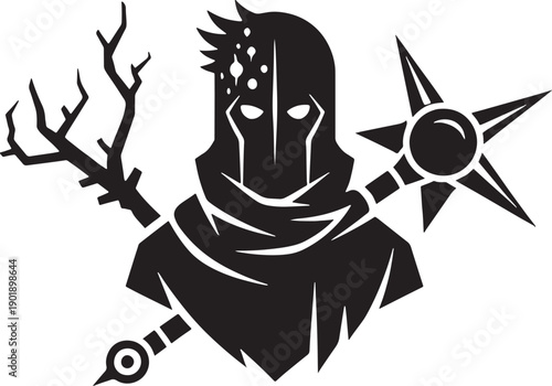 Black and white sketched of a masked figure with antlers and star symbol