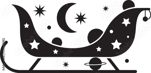 Black and white sketched of a sleigh with stars and a crescent moon sketched night sky
