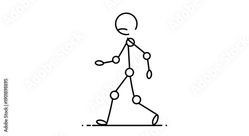 Articulated stick figure walking pose, showing body movement and joint representation on isolated white background