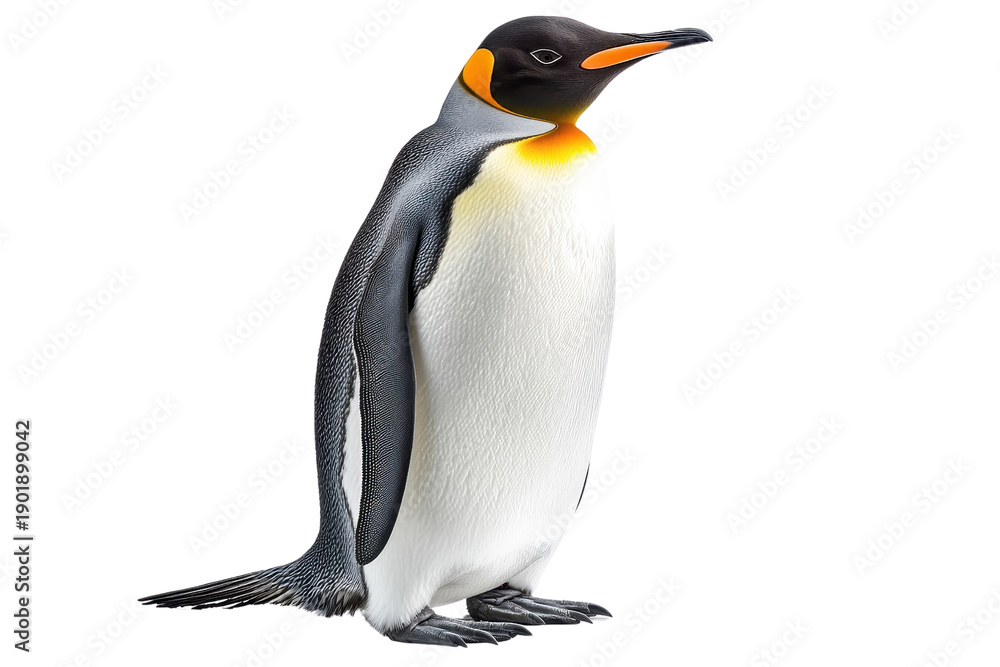 Obraz premium A penguin standing tall, isolate on white background, with its black and white feathers sleek and shiny. PNG