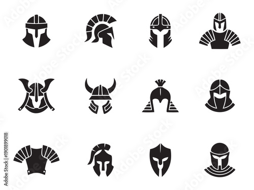 Set of medieval and ancient warrior helmets and armor pieces as black icons, featuring knight, samurai, viking, spartan helmets, and chest plates for historical and gaming designs.