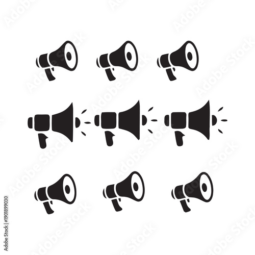 Set of megaphone icons symbolizing communication, announcement, promotion, and public speaking for marketing and media related designs