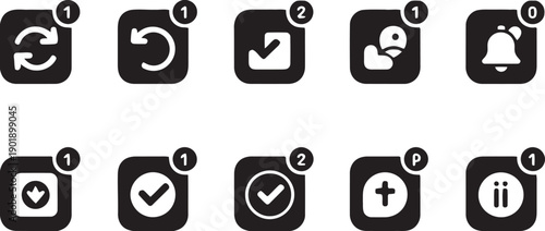 Set of modern flat icons representing notifications, user interaction, and alerts, with clear visual cues for updates and status indicators, perfect for app interfaces and web design elements.