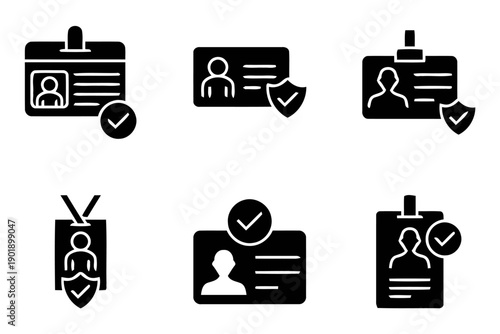 Set of modern flat icons representing identification cards and security badges with check marks and shields isolated on white background