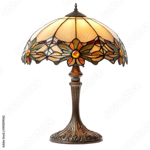 Detailed Table Lamp Design with a Tiffany Style Shade in Warm Tones with Floral Pattern on Transparent Background