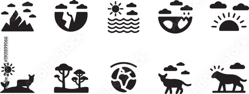 Set of nature and ecology icons including mountains sky clouds globe ocean sun wind trees animals and earth elements for environmental conservation design