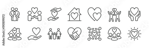 Set of modern outline icons representing love, family, support, community, and relationships, beautifully crafted with clean lines for diverse applications, conveying warmth and connection.