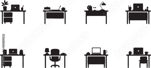 Set of office desk icons in silhouette style representing workspace setup and computer equipment with laptop keyboard and stationery items vector graphic
