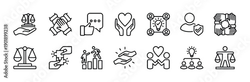 Set of outline icons symbolizing values like fairness justice teamwork cooperation support trust and growth business growth concept and personal development success idea