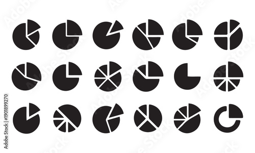 Set of pie chart icons representing data visualization and financial analysis, various segments and divisions showing proportions, vector graphics for reports, infographics, and business statistics