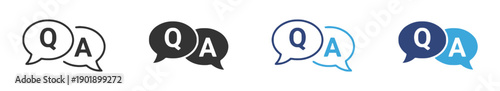 Set of question and answer speech bubble icons in various styles and colors black outline solid gray and blue and navy colors for communication concept.