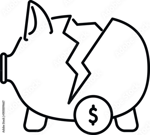 Broken piggy bank with a dollar coin symbolizes financial instability and lost savings