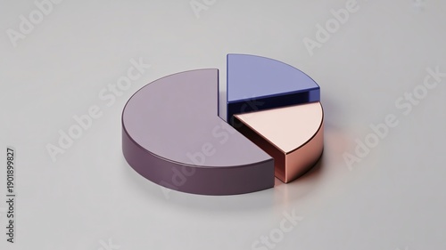A 3d rendering of a pie chart with purple, blue, and pink sections on a gray background, representing data visualization and statistics