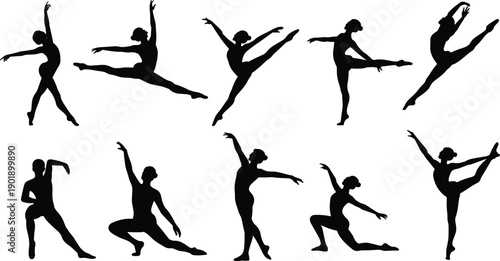 Set of black silhouettes of ballet dancers performing graceful jumps and stretching poses, elegant female dance movements collection isolated on white background illustration.