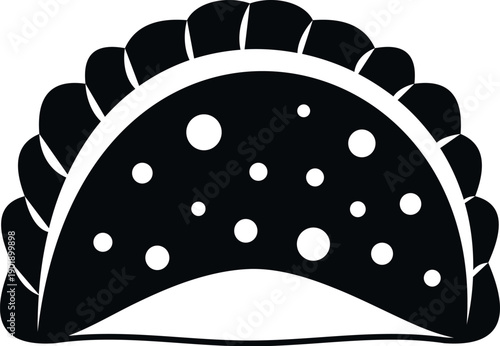 Empanada or dumpling with a scalloped edge in a simple black and white style