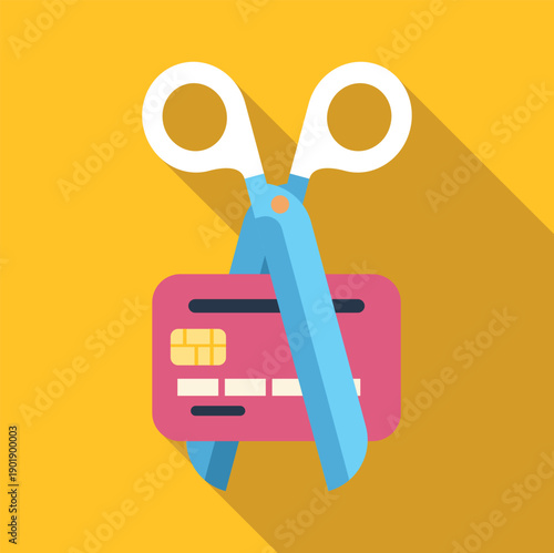 Scissors cutting a pink credit card on a yellow background, representing debt reduction