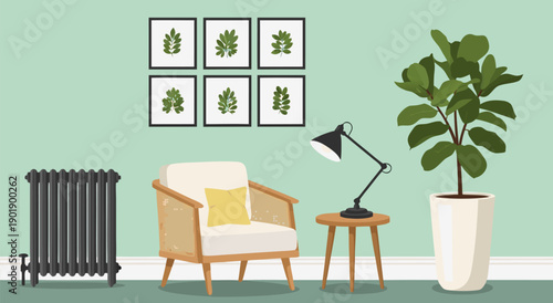 Cozy Reading Nook with Chair, Plant, and Art A Vector Illustration