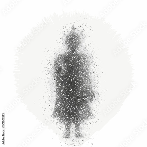 Mysterious silhouette dissolving into particles against white background