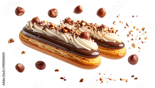 Two floating cream-filled pastries with chocolate, nuts, and a dark background