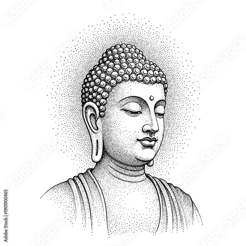 Serene Buddha illustration with dotwork shading and peaceful expression