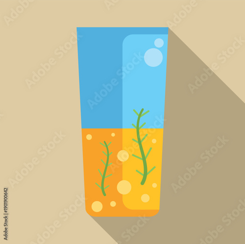 Glass containing two layers of liquid, green seaweed, and air bubbles with a long shadow