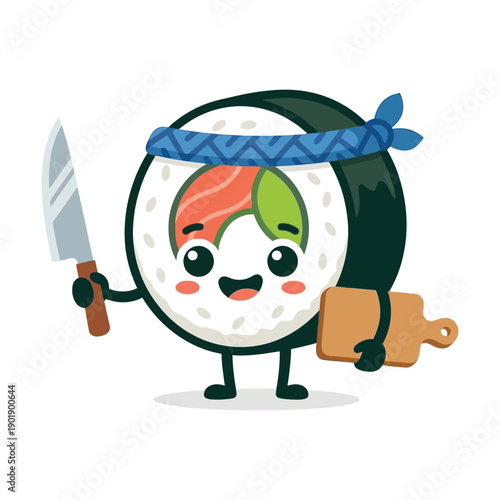 A cartoon sushi roll character holding a knife and cutting board, standing alone, illustration, vibrant, detailed