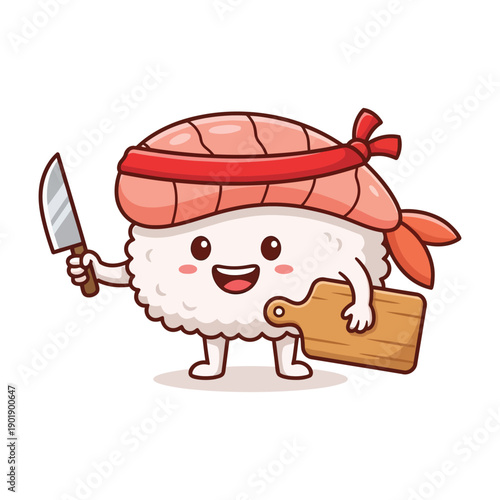 A cartoon sushi character happily holding a knife and wooden board, standing upright with a cheerful expression on a simple background