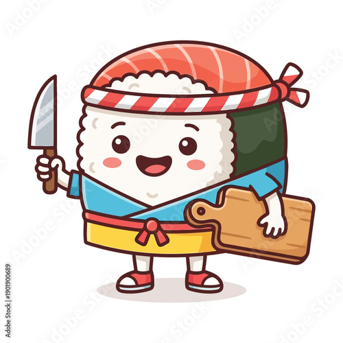 A cartoon rice ball character dressed in traditional attire holding a knife and wooden board