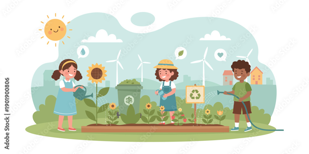 Fototapeta premium Children engaging in eco-friendly activities amidst sunflowers and wind turbines in a serene landscape from a high viewpoint