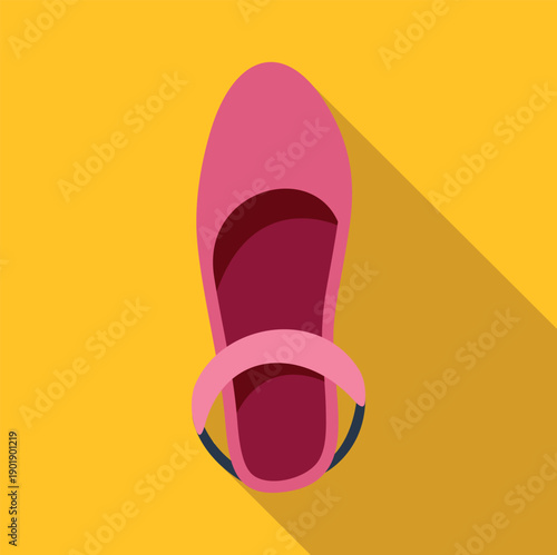 Pink ballet flat shoe with ankle strap, top view illustration, casting a long shadow on a yellow square background