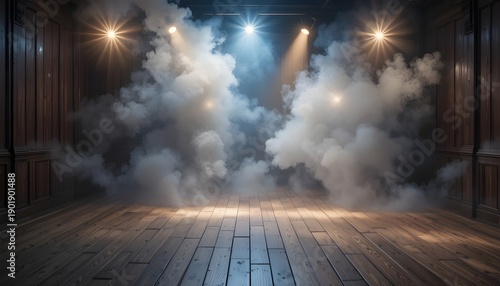 Room with Wooden Floor and Atmospheric Smoke, Illuminated by Dramatic Spotlight Beams