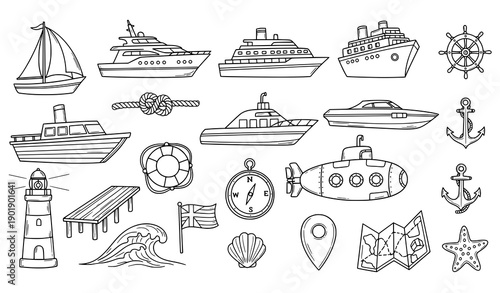 Hand drawn nautical ship yacht boat submarine anchor doodle icon set vector illustration