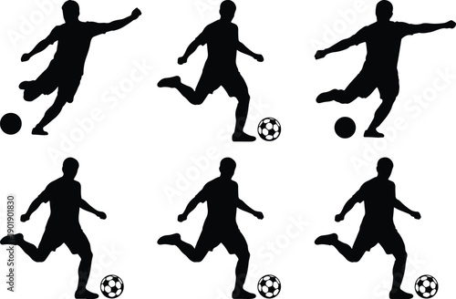 Soccer player silhouettes kicking a ball, varied poses.