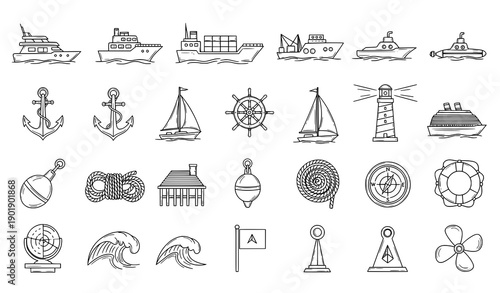 Ships boats yacht submarine hand drawn sketch icon set black white nautical vector