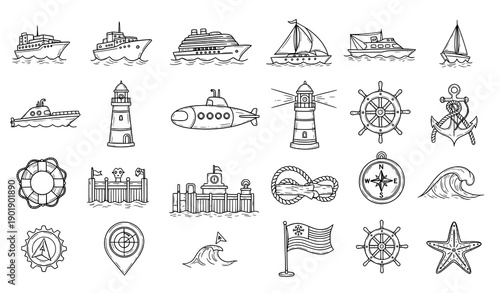 Hand drawn ship yacht boat submarine and anchor icon set nautical doodle vector collection