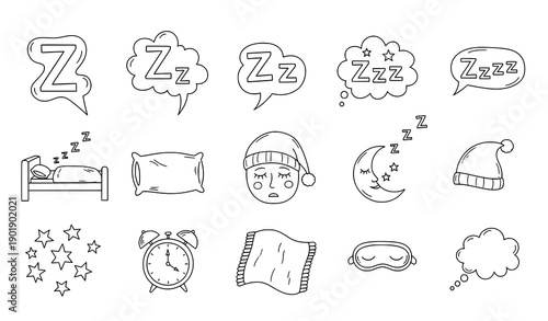 Sleepy Zzz doodle hand drawn line icon set snore sound bubble vector illustration