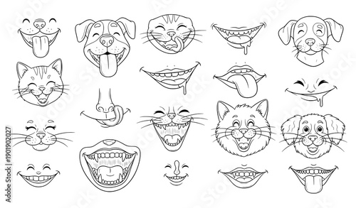 Dog and cat tongue doodle icons hand drawn pet mouth expression vector set
