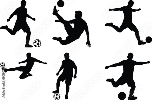 Soccer players performing actions, silhouette set